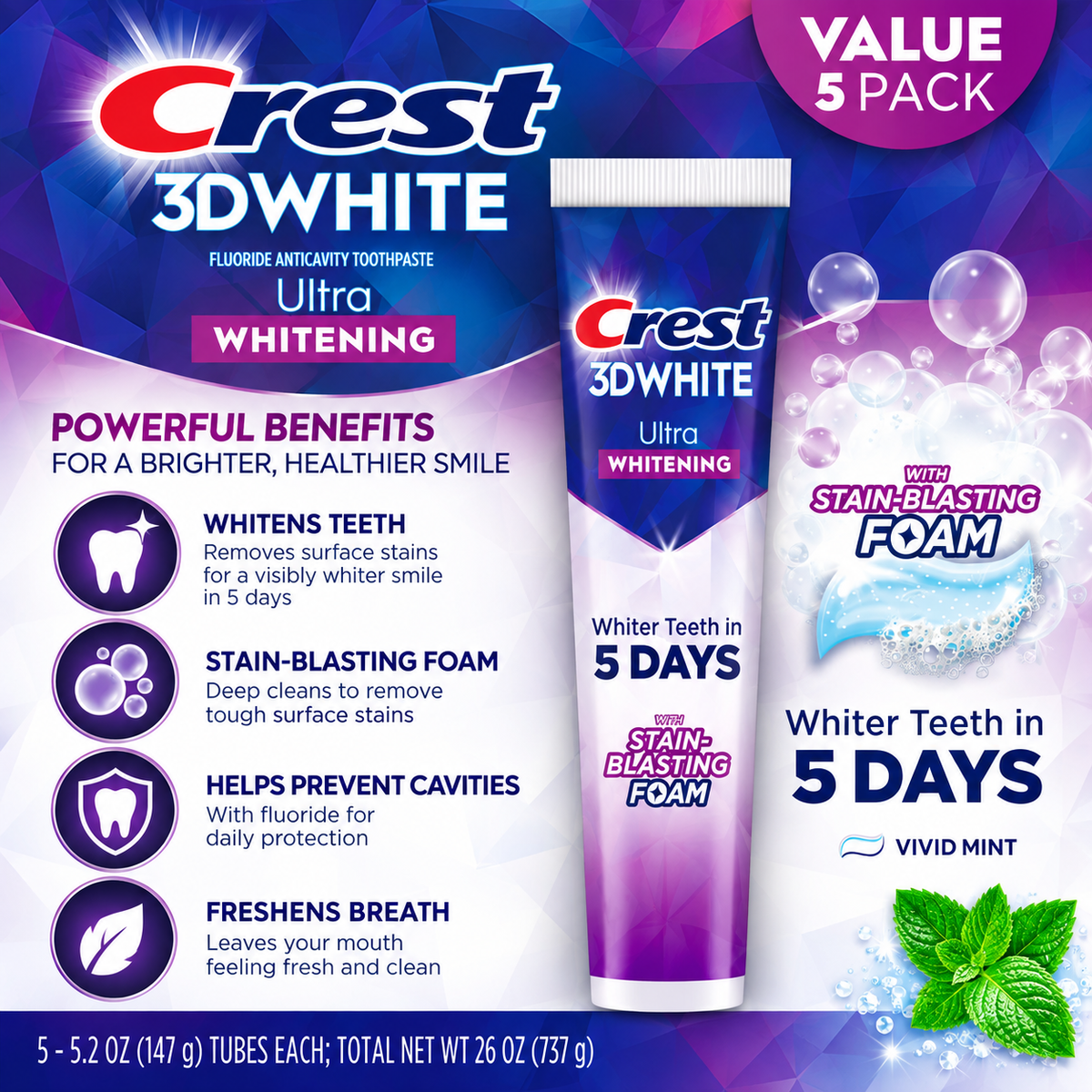 Crest 3D White Vivid Mint Ultra Whitening Toothpaste, 5.2 oz, 5-Pack