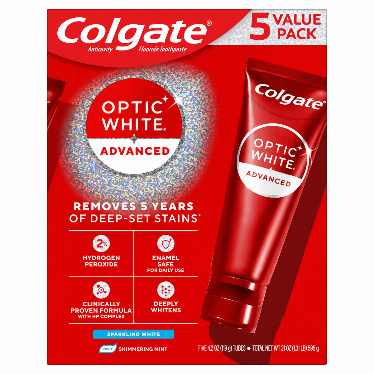 Colgate Optic White Advanced Sparkling White Toothpaste, 4.2 oz, 5-Pack