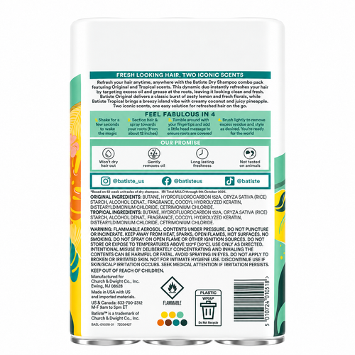 Batiste Original & Tropical Dry Shampoo, 3.81 oz, 3-Pack