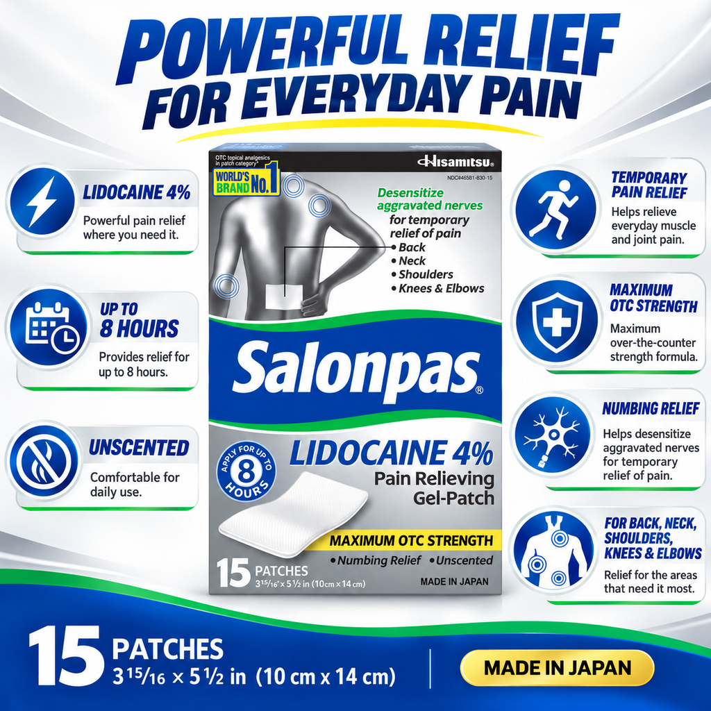 Salonpas Lidocaine 4% Pain Relieving Gel-Patch, 15 ct