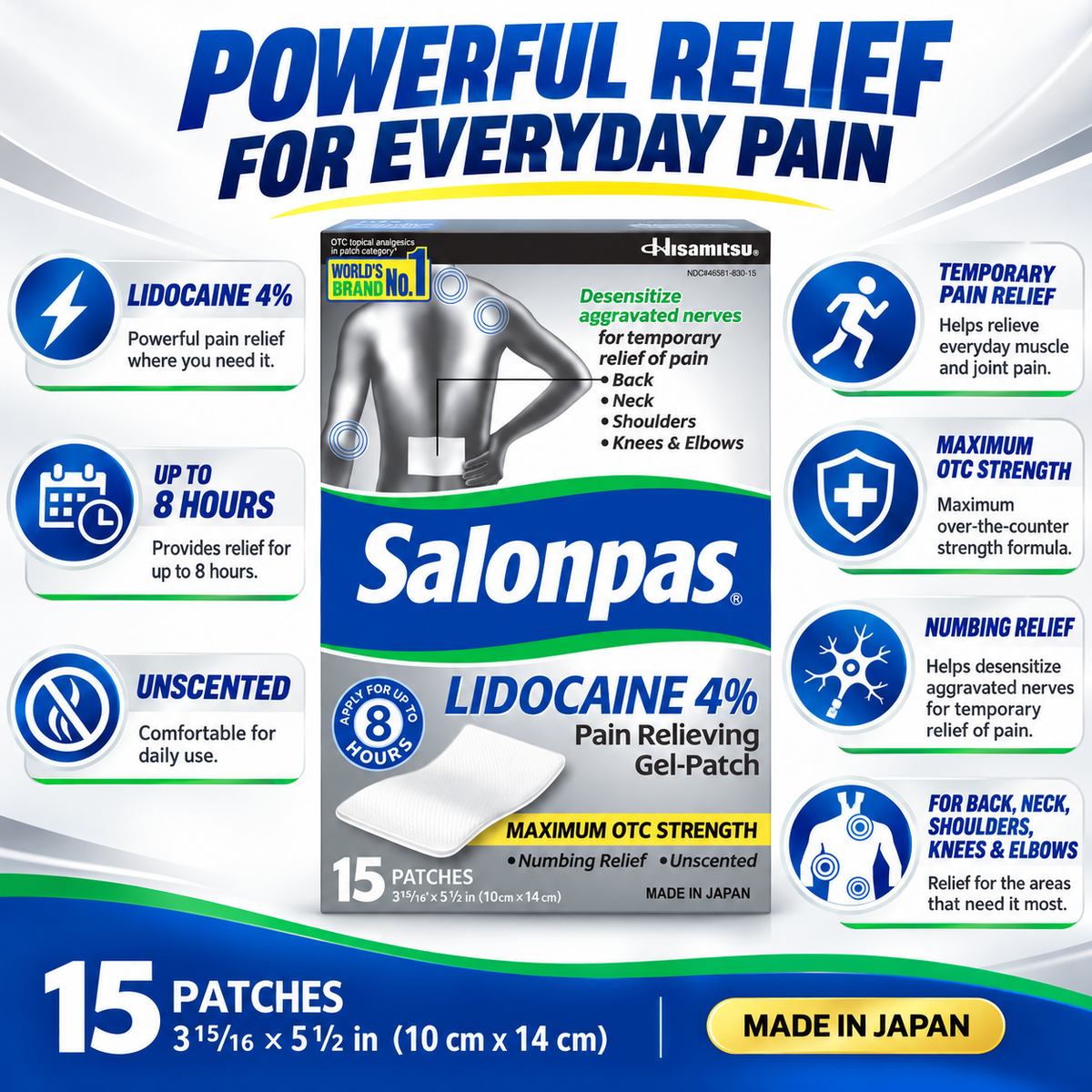Salonpas Lidocaine 4% Pain Relieving Gel-Patch, 15 ct