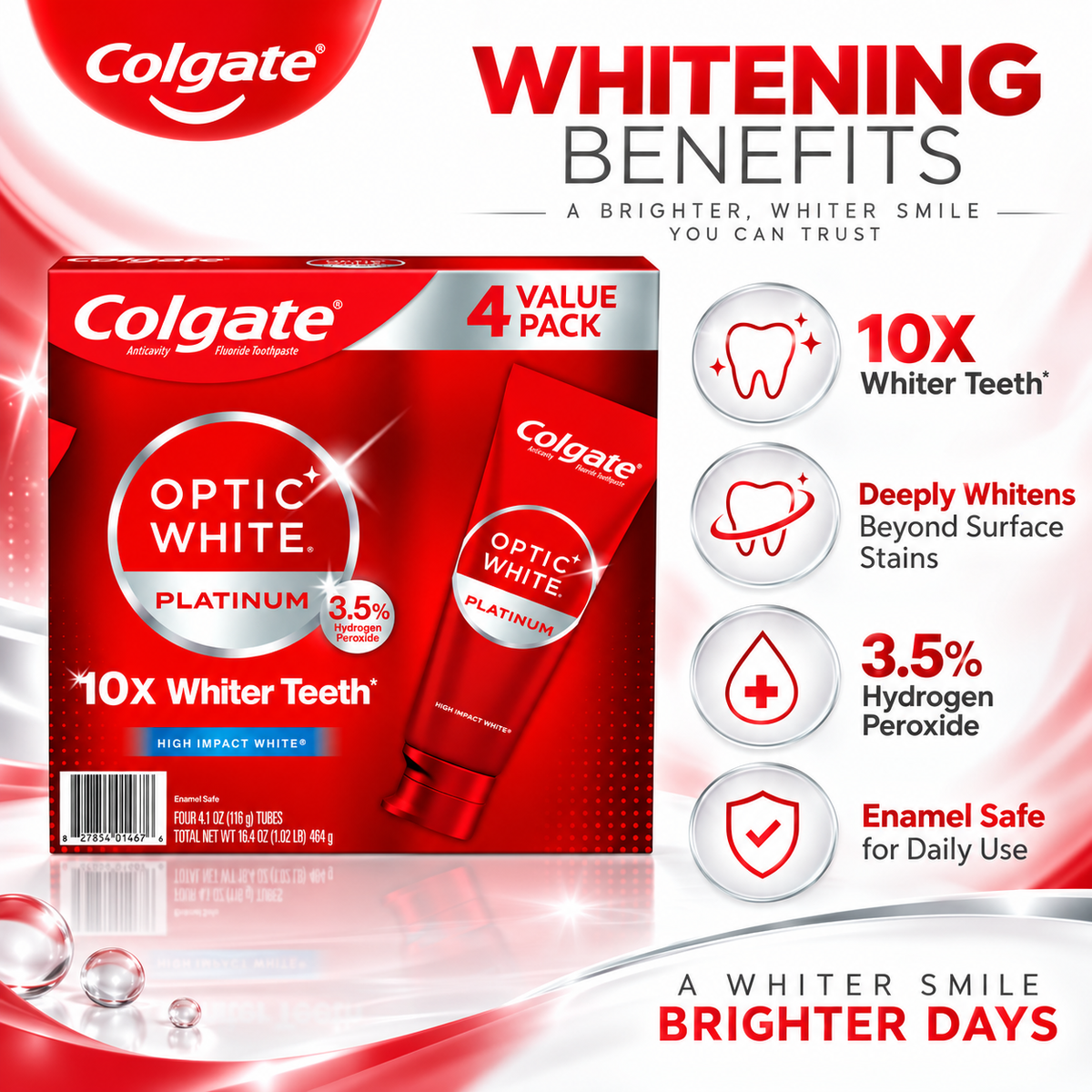 Colgate Optic White Platinum Teeth Whitening Toothpaste, 4.1 oz, 4-Pack