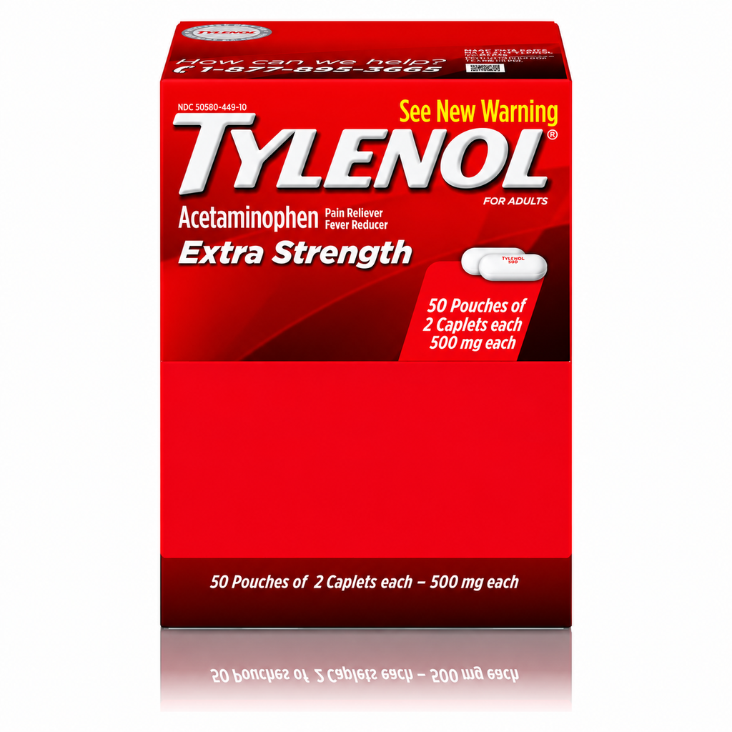 Tylenol Extra Strength Acetaminophen 500 mg, 2 Caplets per Pouch, 50 Pouches
