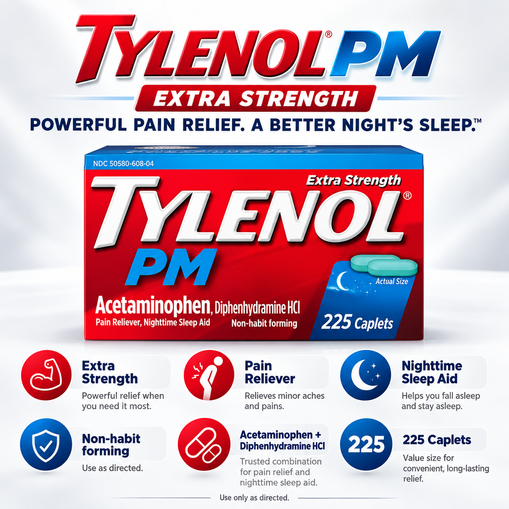 Tylenol PM Extra Strength Pain Reliever & Sleep Aid Caplets, 225 ct