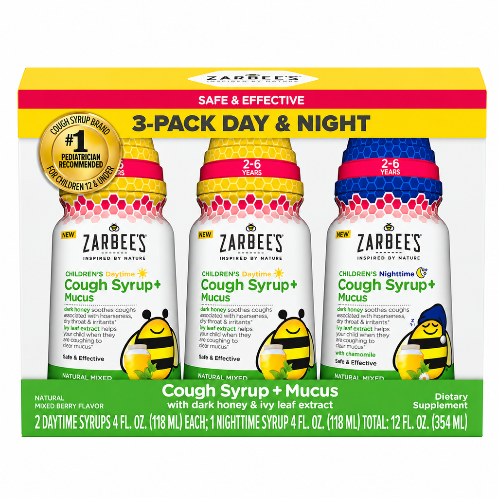 Zarbee’s Kids Cough Syrup + Mucus Day & Night, Mixed Berry, 4 fl oz, 3 pk