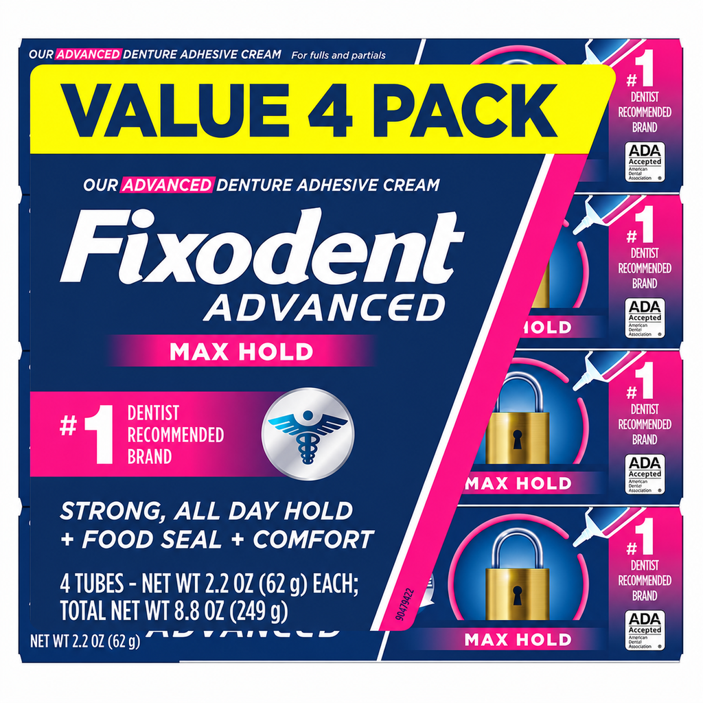 Fixodent Advanced Max Hold Denture Adhesive Cream, 2.2 oz, 4-Pack