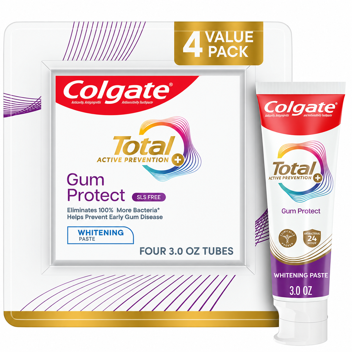 Colgate Total Active Prevention Gum Protect Whitening Toothpaste, 3 oz, 4-Pack