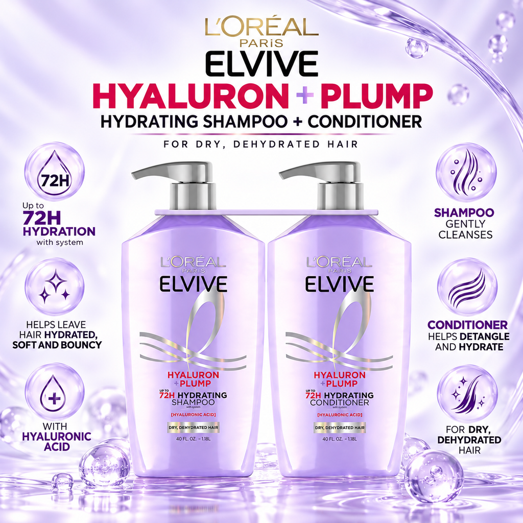 L'Oréal Paris Elvive Hyaluron + Plump Hydrating Shampoo & Conditioner, 40 fl oz, 2 pk