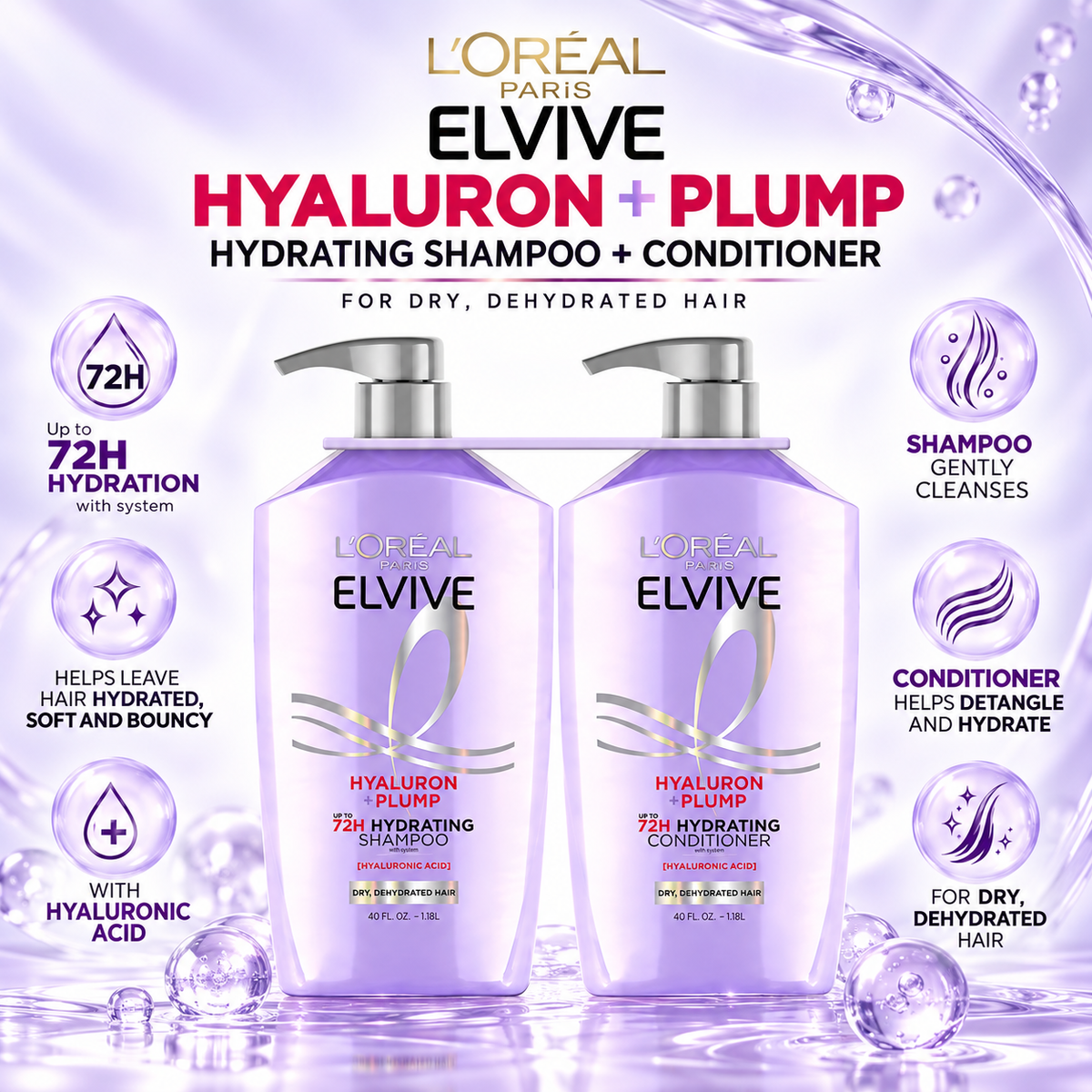 L'Oréal Paris Elvive Hyaluron + Plump Hydrating Shampoo & Conditioner, 40 fl oz, 2 pk