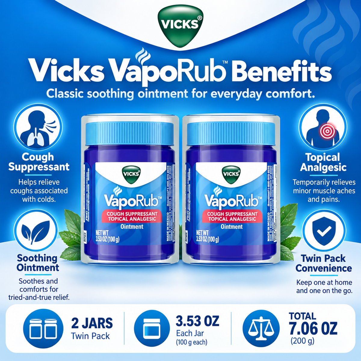 Vicks VapoRub Cough Suppressant & Topical Analgesic Ointment, 3.53 oz, 2 pk