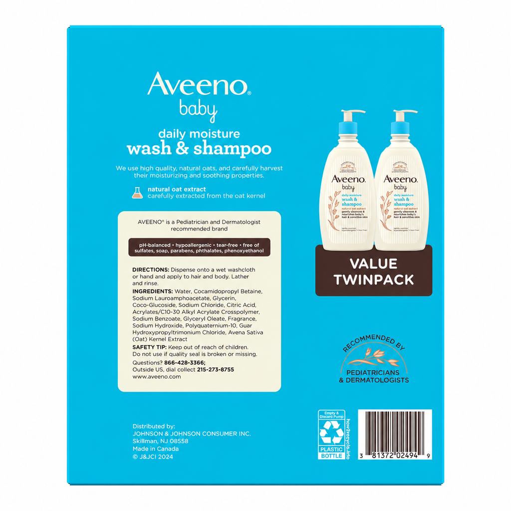 Aveeno Baby Daily Moisture 2-in-1 Wash & Shampoo, 18 fl oz, 2-Pack