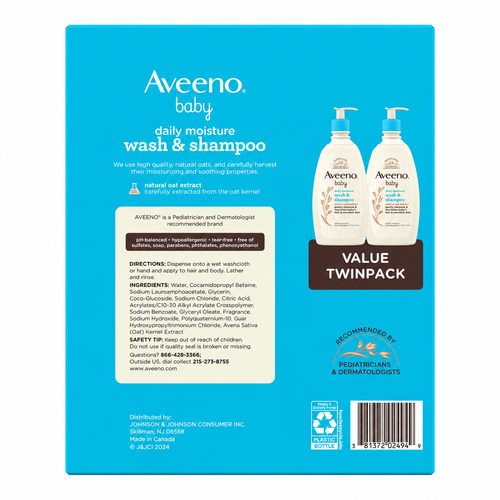 Aveeno Baby Daily Moisture 2-in-1 Wash & Shampoo, 18 fl oz, 2-Pack