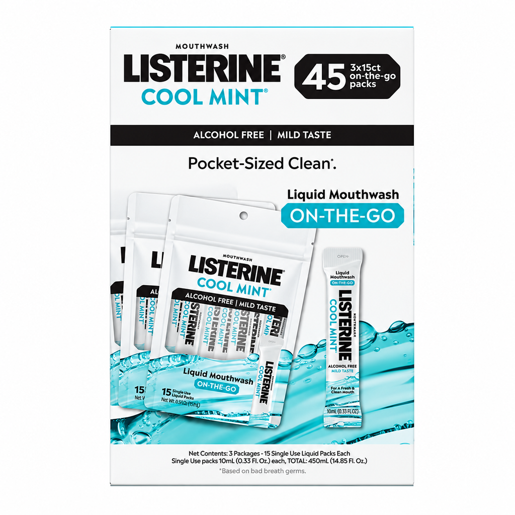 Listerine On-The-Go Cool Mint Alcohol-Free Mouthwash Packets, 45 Count