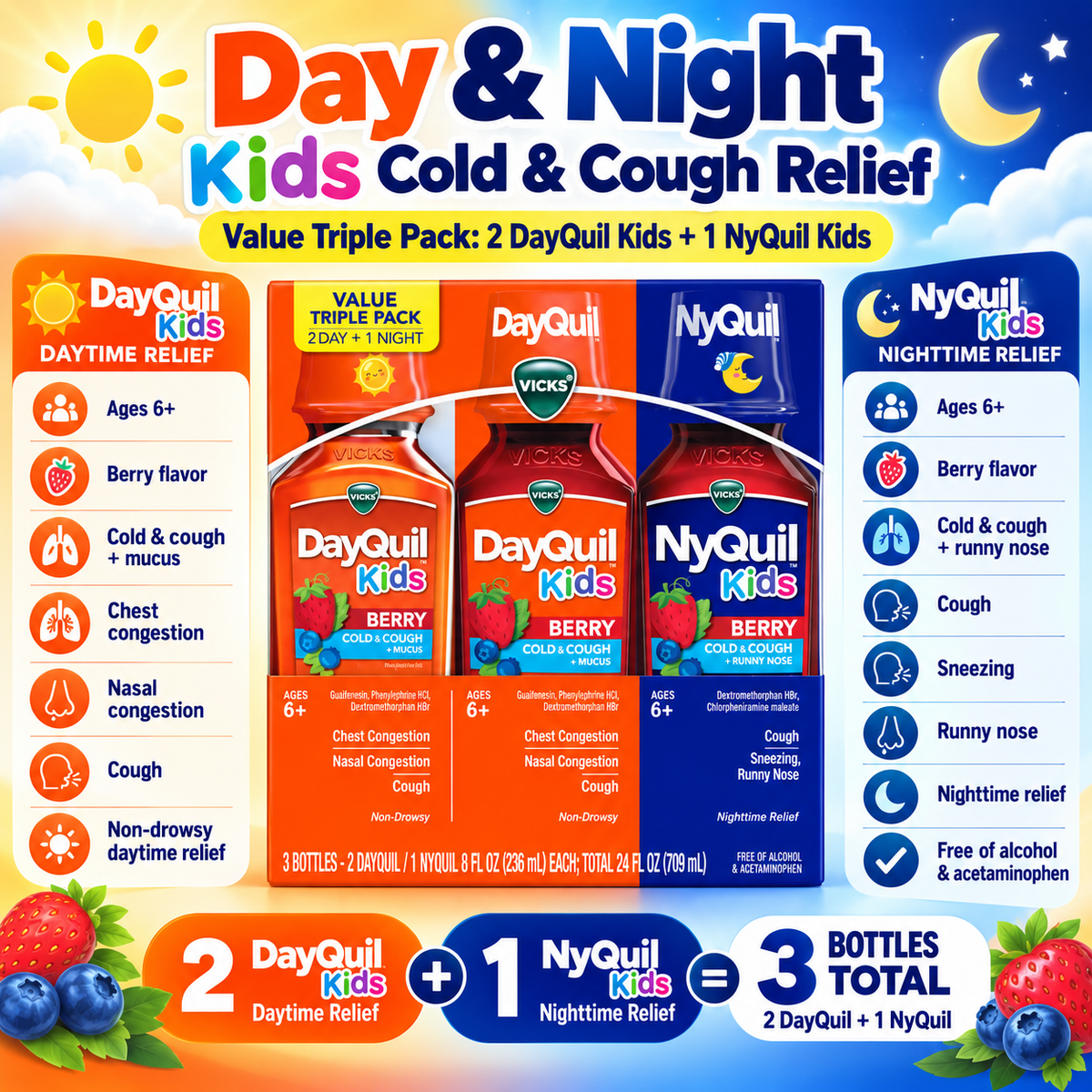Vicks DayQuil & NyQuil Kids Cold & Cough Liquid, Berry, 8 fl oz, 3 pk