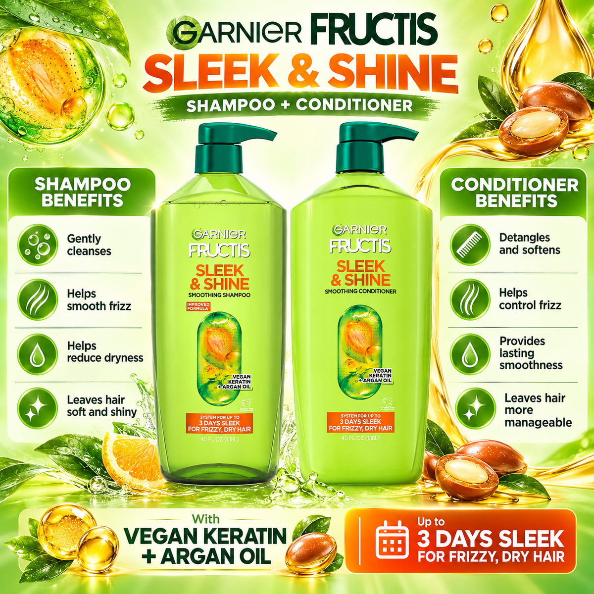 Garnier Fructis Sleek & Shine Shampoo & Conditioner, 40 fl oz, 2 pk