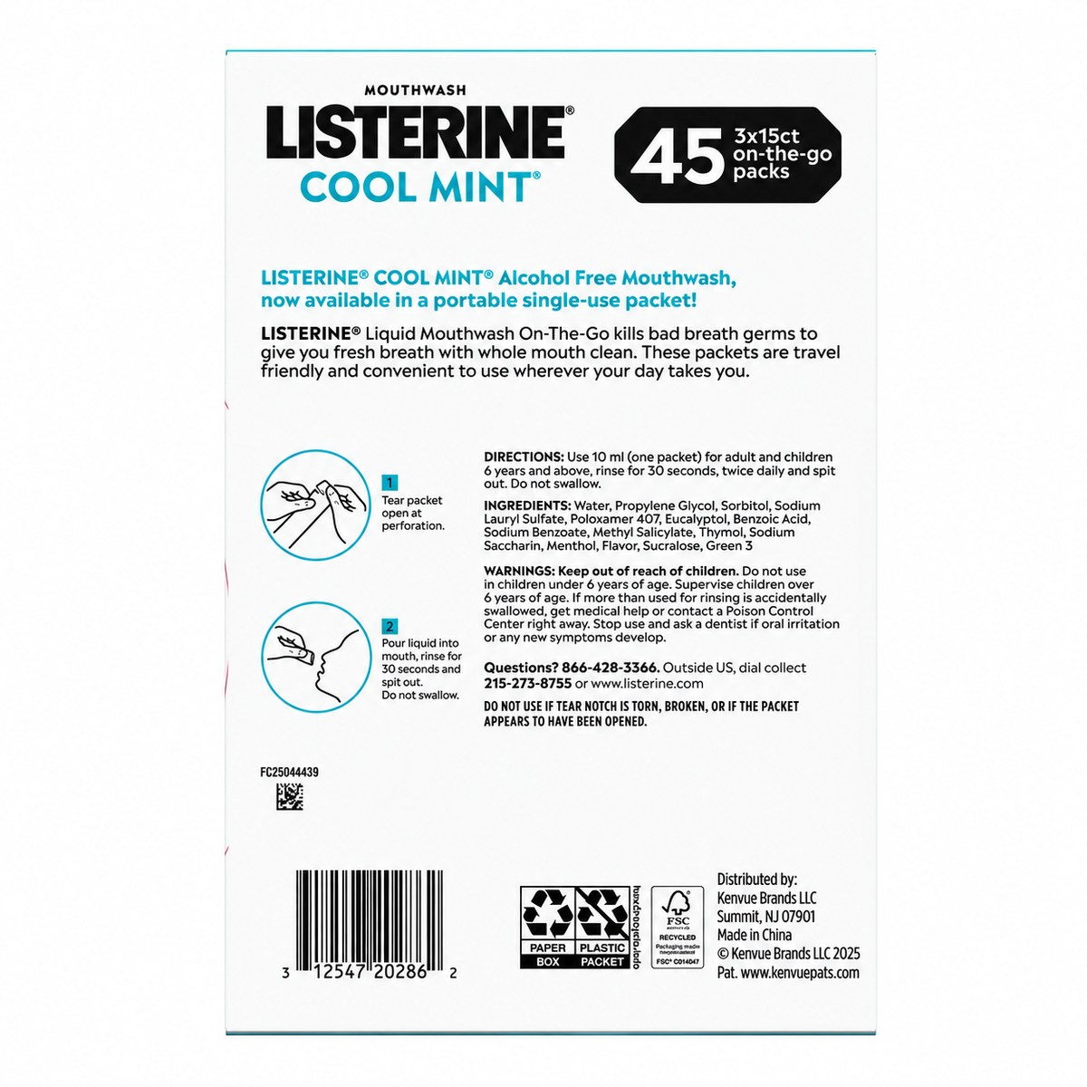 Listerine On-The-Go Cool Mint Alcohol-Free Mouthwash Packets, 45 Count