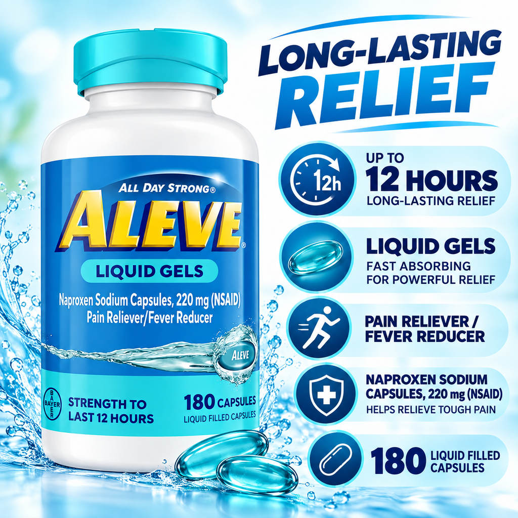 Aleve Pain Reliever & Fever Reducer Liquid Gels, Naproxen Sodium 220 mg, 180 ct