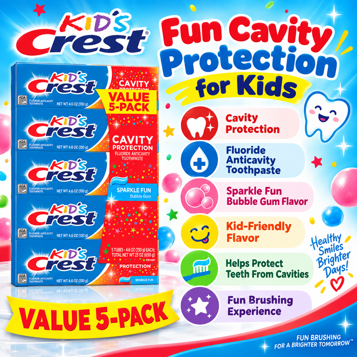 Crest Kid's Cavity Protection Sparkle Fun Toothpaste, 4.6 oz, 5-Pack