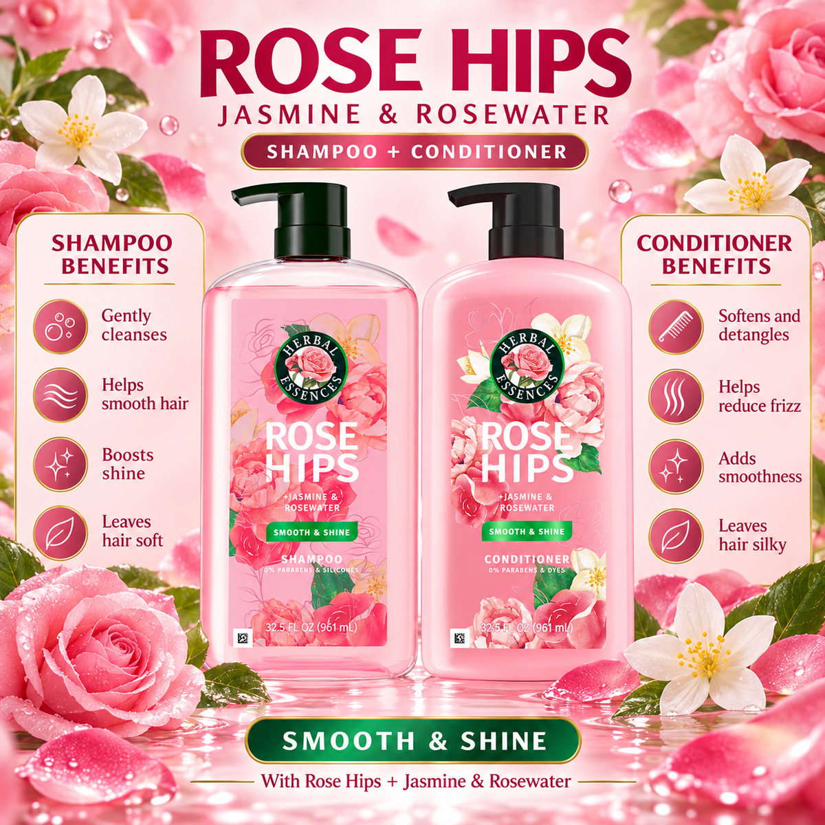 Herbal Essences Rose Hips Smooth & Shine Shampoo & Conditioner, 32.5 fl oz, 2 pk