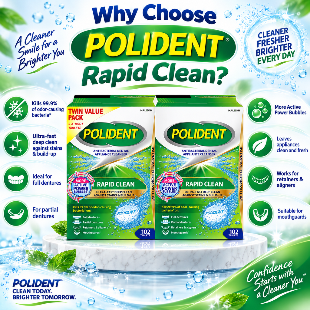 Polident Rapid Clean Dental Appliance Cleanser Tablets, 102 Count, 2-Pack