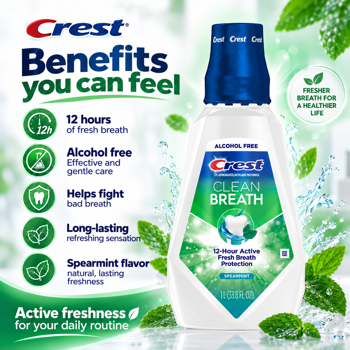 Crest Pro-Health Clean Breath Mouthwash, Spearmint, 33.8 fl oz, 3-Pack