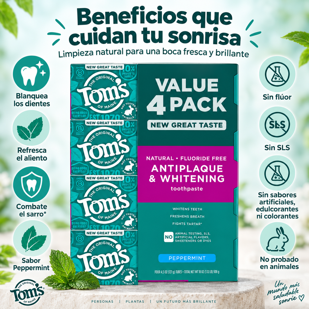 Tom's of Maine Fluoride-Free Antiplaque & Whitening Toothpaste, Peppermint, 4.5 oz, 4-Pack
