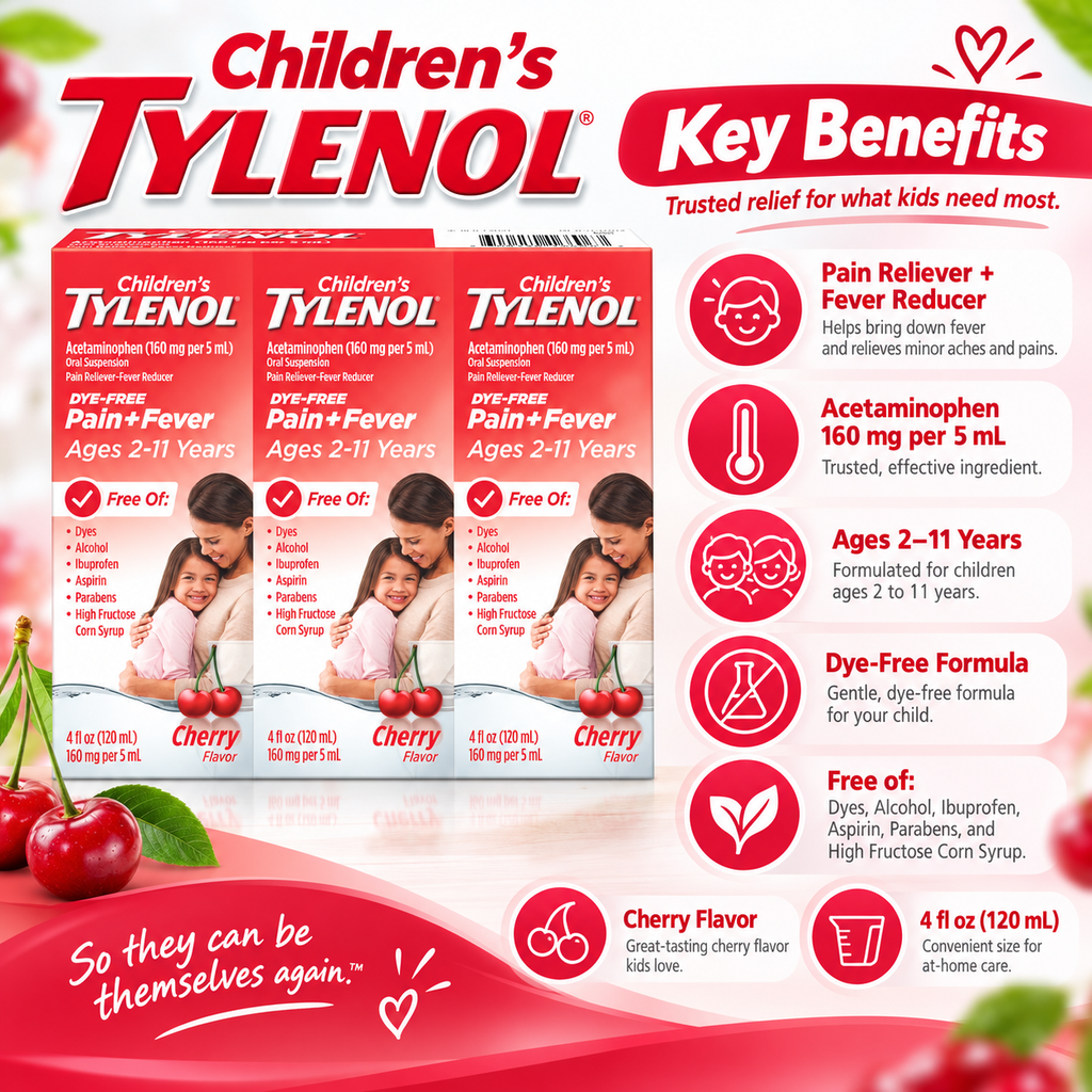 Children’s Tylenol Pain + Fever Oral Suspension, Dye-Free Cherry, 4 fl oz, 3 pk