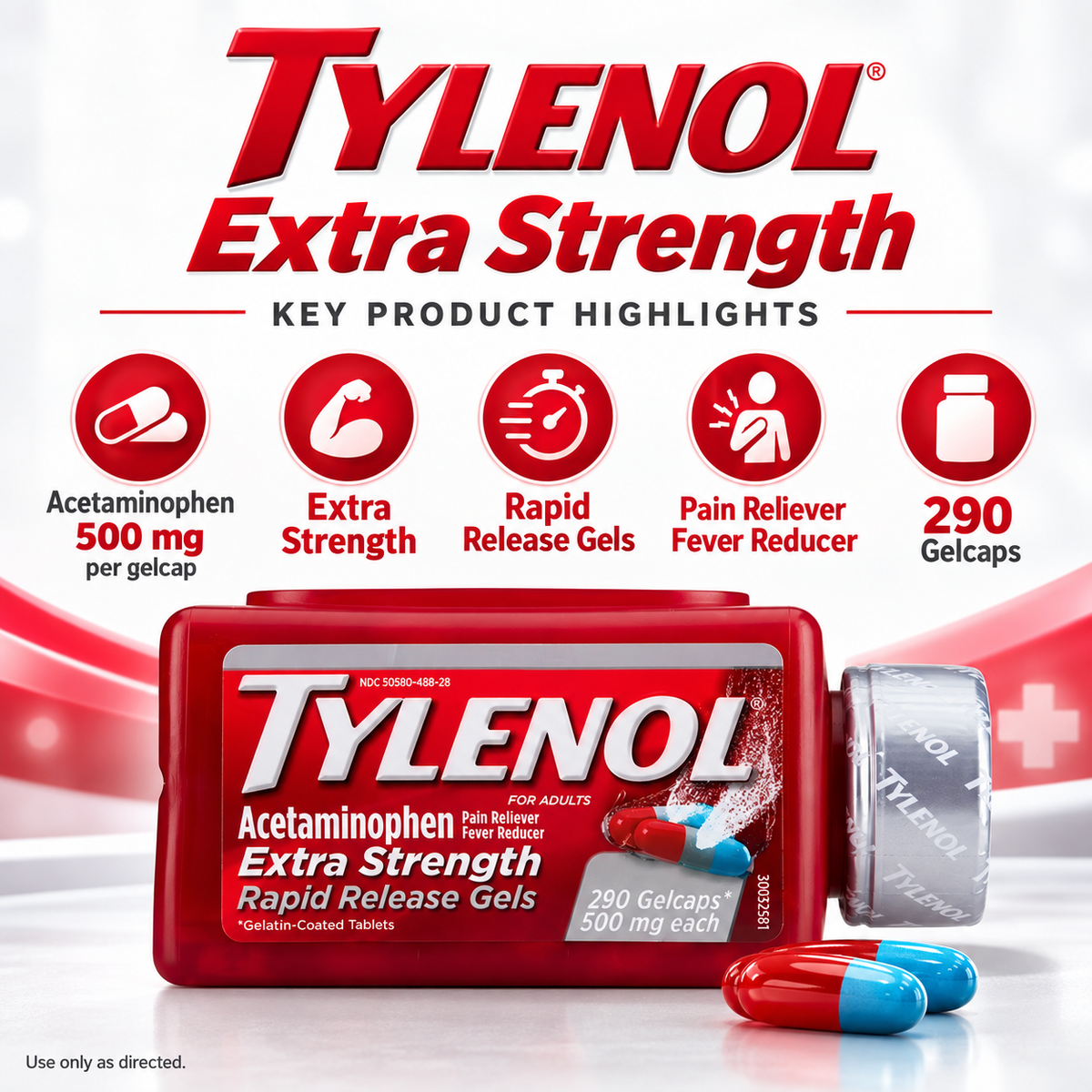 Tylenol Extra Strength Rapid Release Gelcaps, Acetaminophen 500 mg, 290 ct