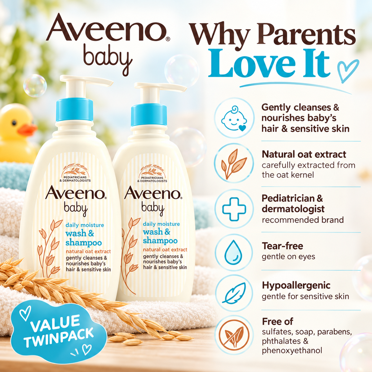 Aveeno Baby Daily Moisture 2-in-1 Wash & Shampoo, 18 fl oz, 2-Pack