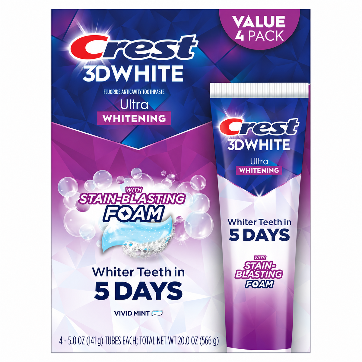 Crest 3D White Vivid Mint Ultra Whitening Toothpaste, 5.2 oz, 4-Pack