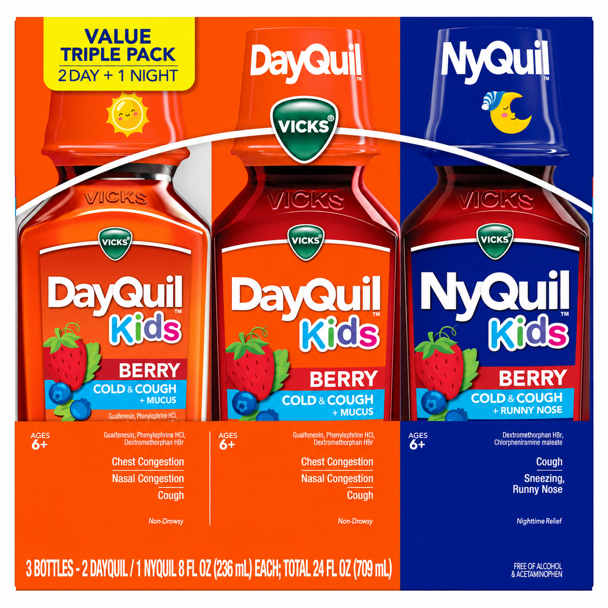 Vicks DayQuil & NyQuil Kids Cold & Cough Liquid, Berry, 8 fl oz, 3 pk