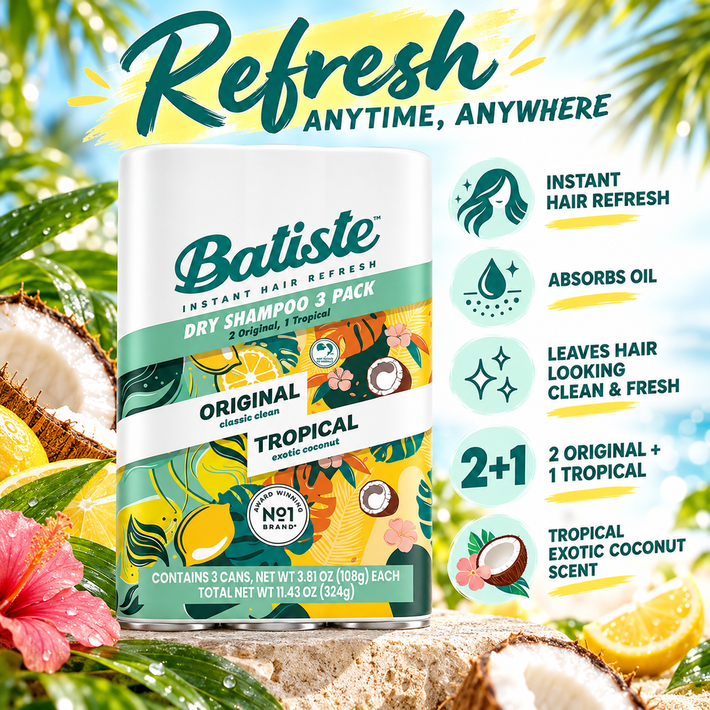 Batiste Original & Tropical Dry Shampoo, 3.81 oz, 3-Pack