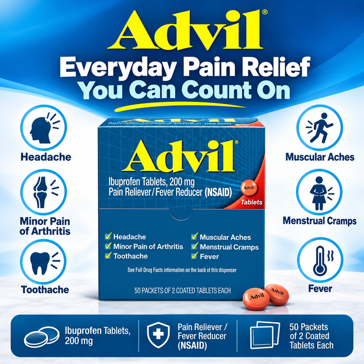 Advil Pain Reliever & Fever Reducer, Ibuprofen 200 mg, 50 Packets of 2 Tablets, 100 ct