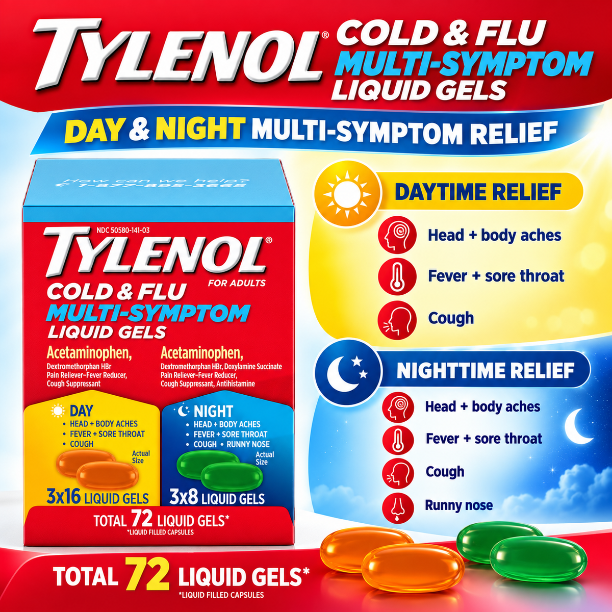 Tylenol Cold + Flu Multi-Symptom Liquid Gels, Day/Night, 72 ct