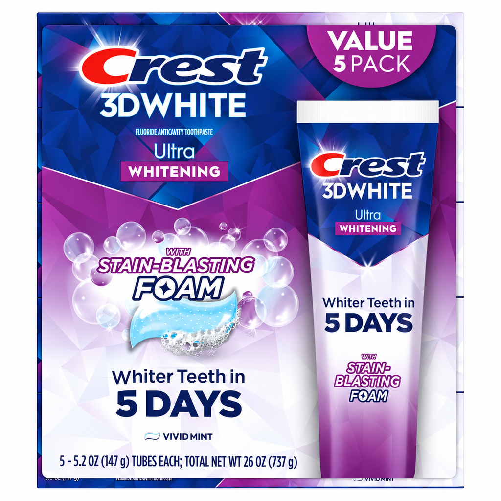 Crest 3D White Vivid Mint Ultra Whitening Toothpaste, 5.2 oz, 5-Pack