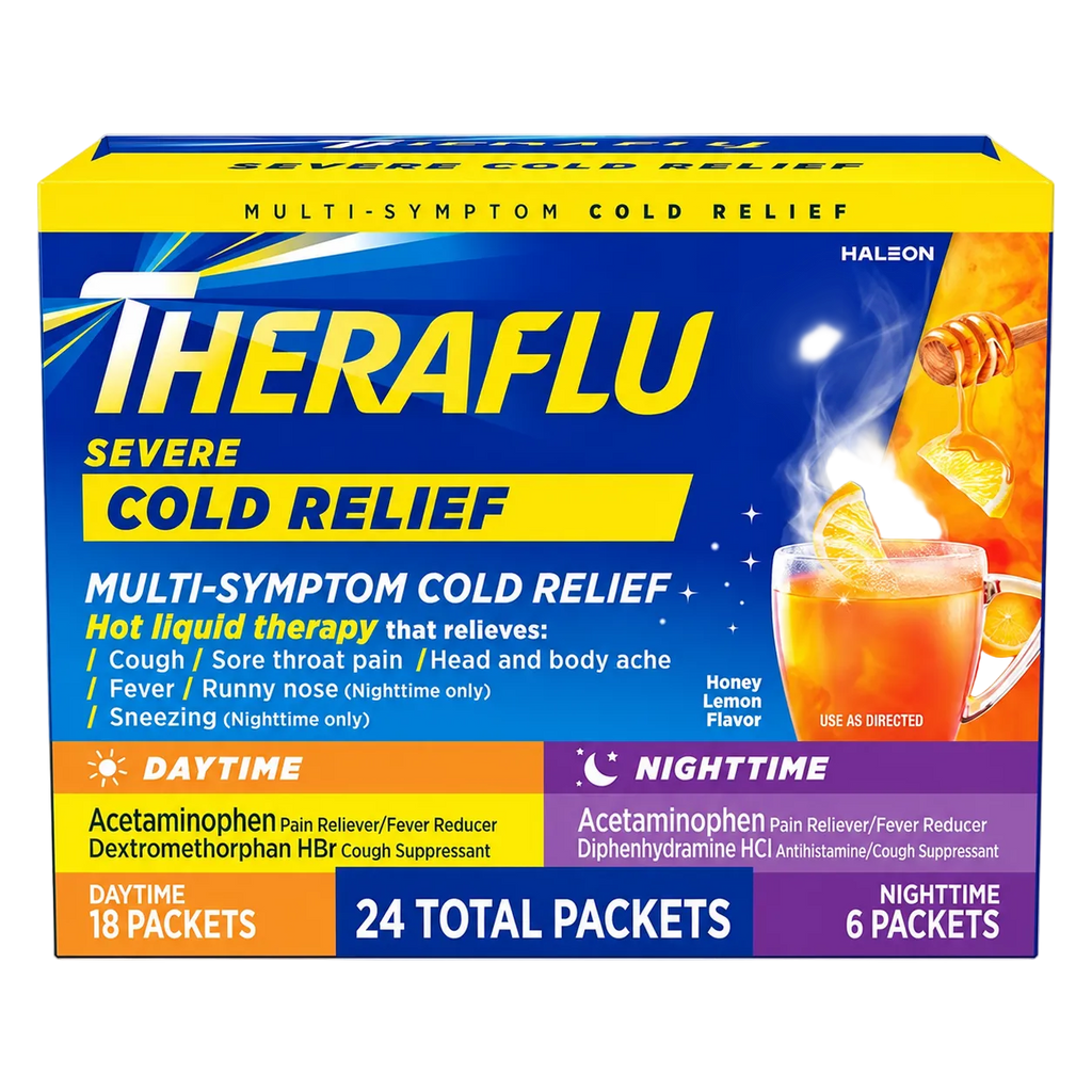 Theraflu Multi-Symptom Severe Cold & Nighttime Severe Cold + Cough Relief Powder, 24 ct