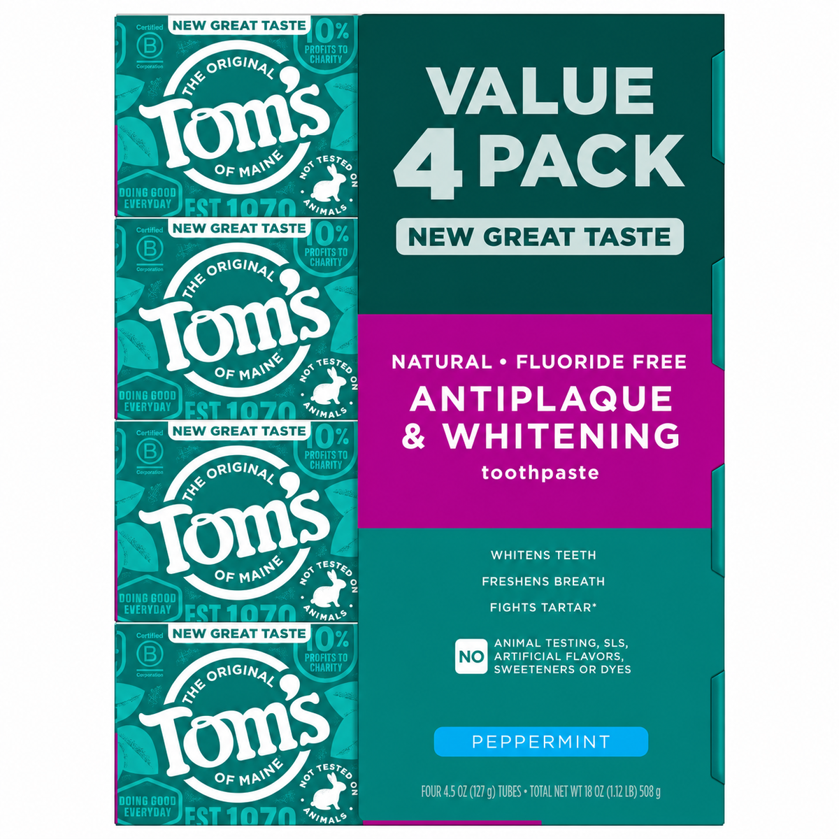 Tom's of Maine Fluoride-Free Antiplaque & Whitening Toothpaste, Peppermint, 4.5 oz, 4-Pack