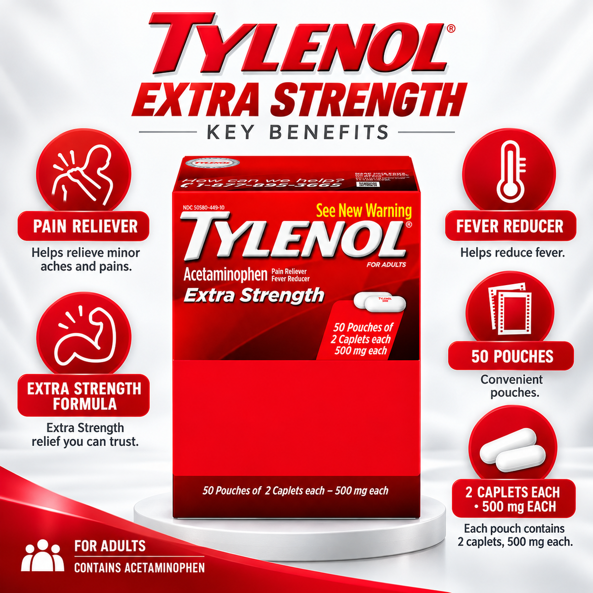 Tylenol Extra Strength Acetaminophen 500 mg, 2 Caplets per Pouch, 50 Pouches
