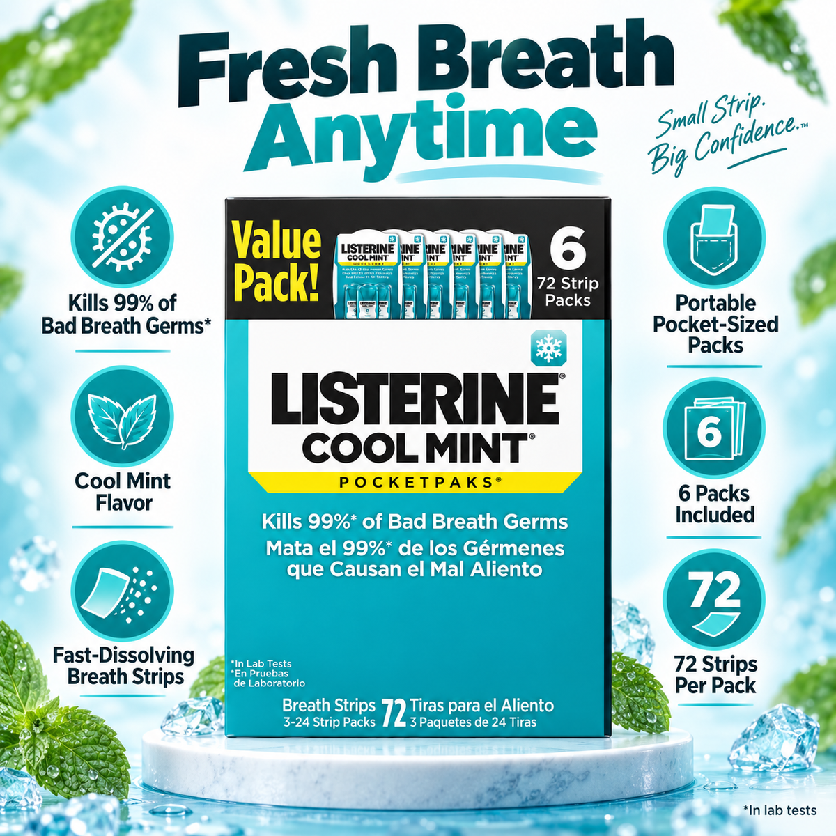 Listerine Cool Mint PocketPaks Fresh Breath Strips, 72 Count, 6-Pack