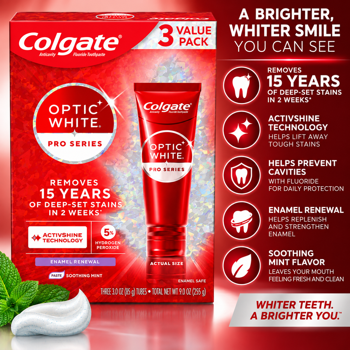 Colgate Optic White Pro Series Enamel Renewal Toothpaste with ActivShine, 3 oz, 3-Pack