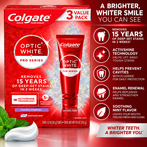 Colgate Optic White Pro Series Enamel Renewal Toothpaste with ActivShine, 3 oz, 3-Pack