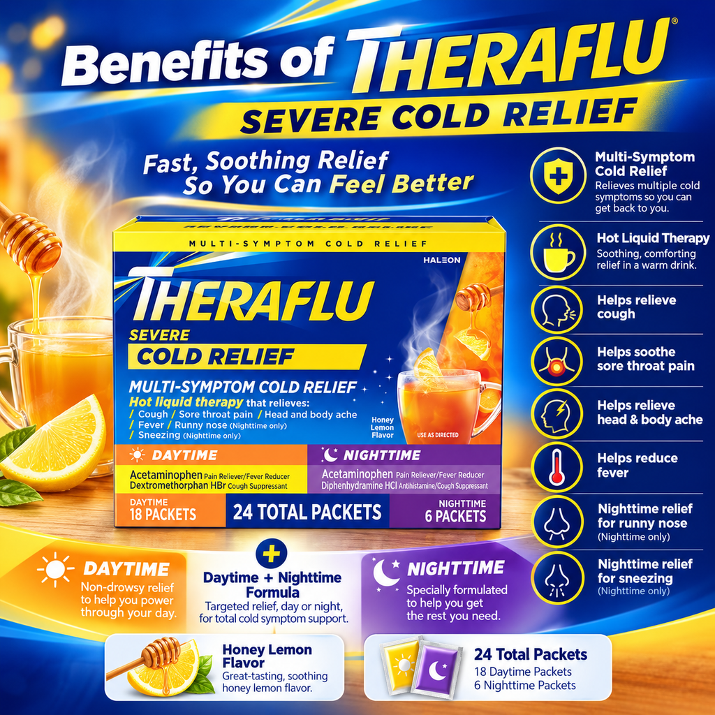 Theraflu Multi-Symptom Severe Cold & Nighttime Severe Cold + Cough Relief Powder, 24 ct