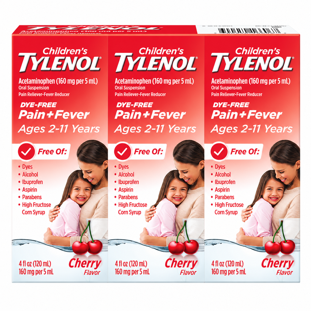 Children’s Tylenol Pain + Fever Oral Suspension, Dye-Free Cherry, 4 fl oz, 3 pk