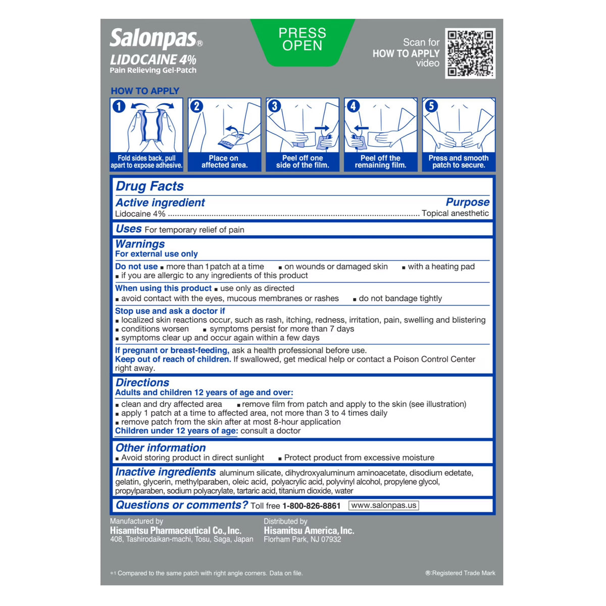 Salonpas Lidocaine 4% Pain Relieving Gel-Patch, 15 ct
