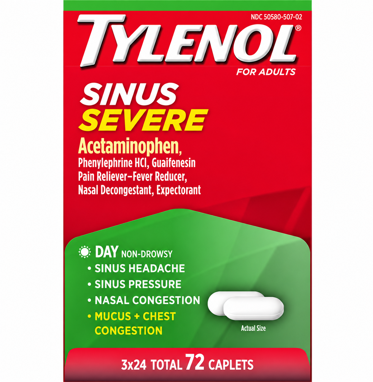 Tylenol Sinus Severe Non-Drowsy Daytime Cold & Flu Caplets, 24 ct, 3 pk