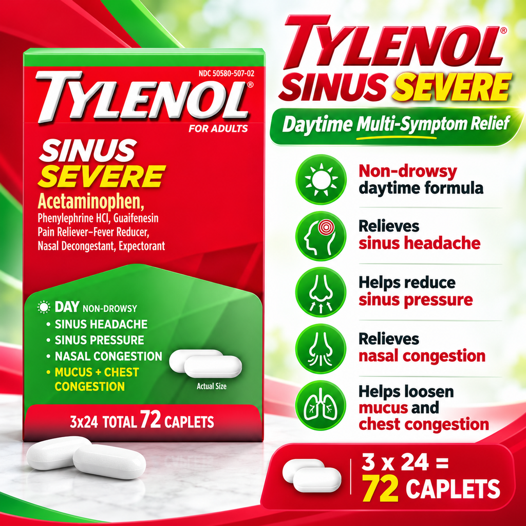 Tylenol Sinus Severe Non-Drowsy Daytime Cold & Flu Caplets, 24 ct, 3 pk
