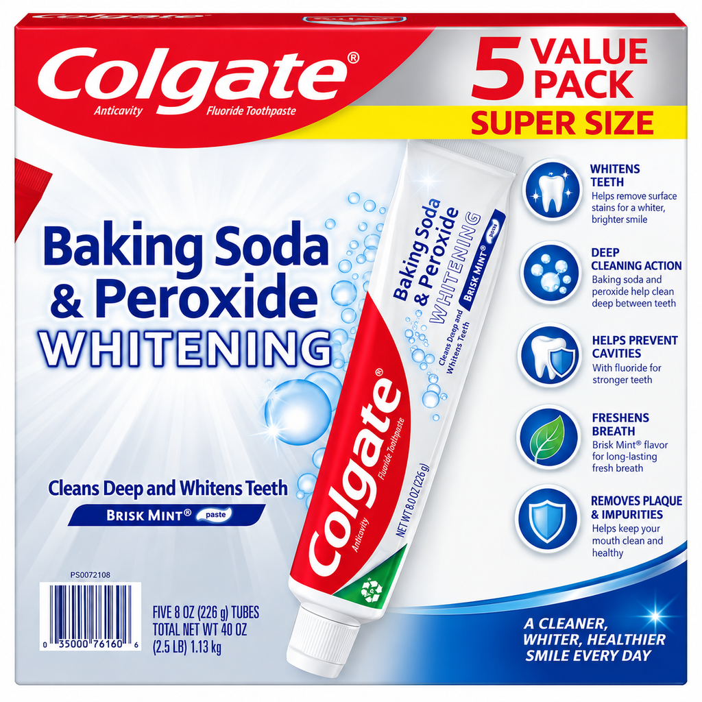Colgate Baking Soda & Peroxide Whitening Toothpaste, Brisk Mint, 8 oz, 5-Pack