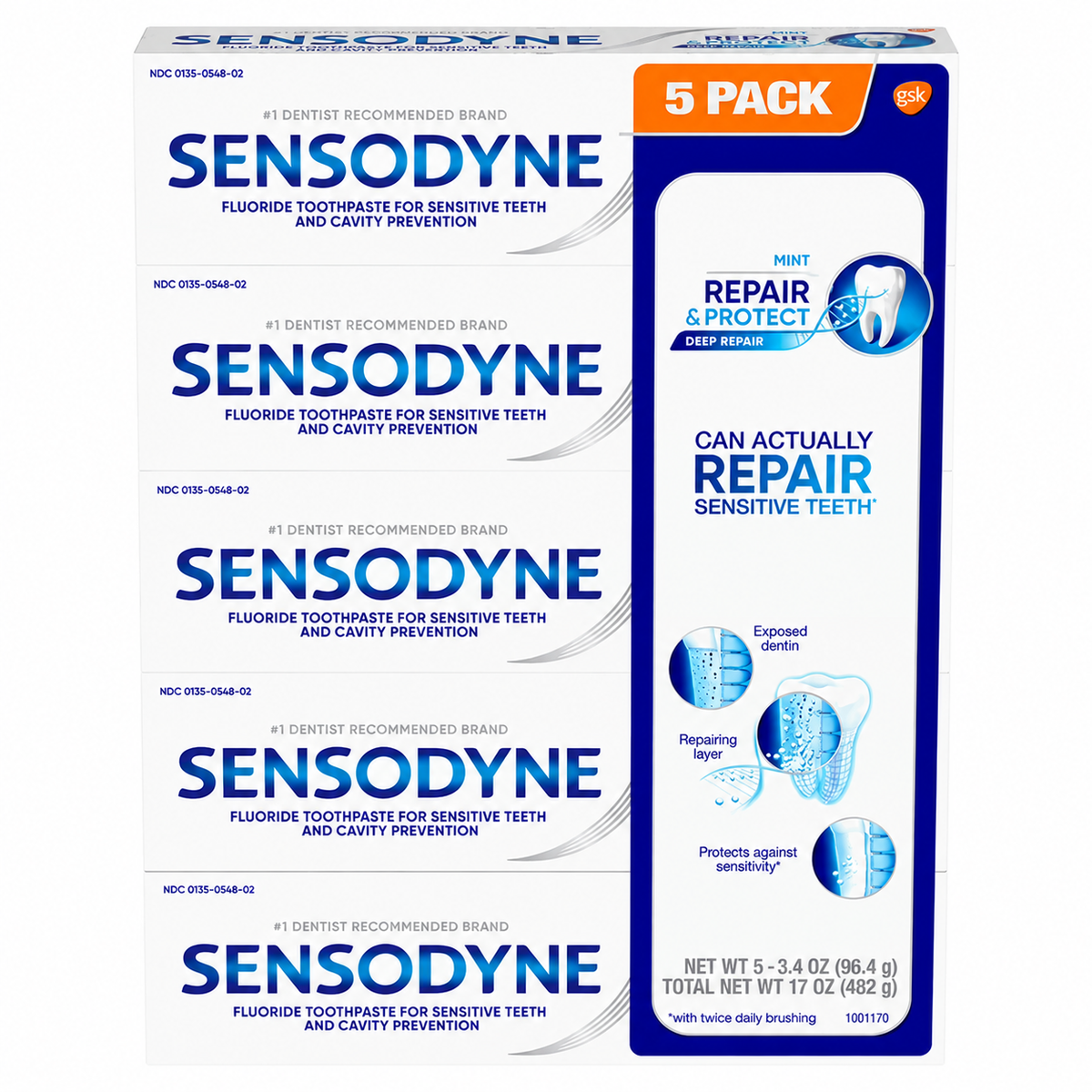 Sensodyne Repair & Protect Toothpaste for Sensitive Teeth, 3.4 oz, 5-Pack