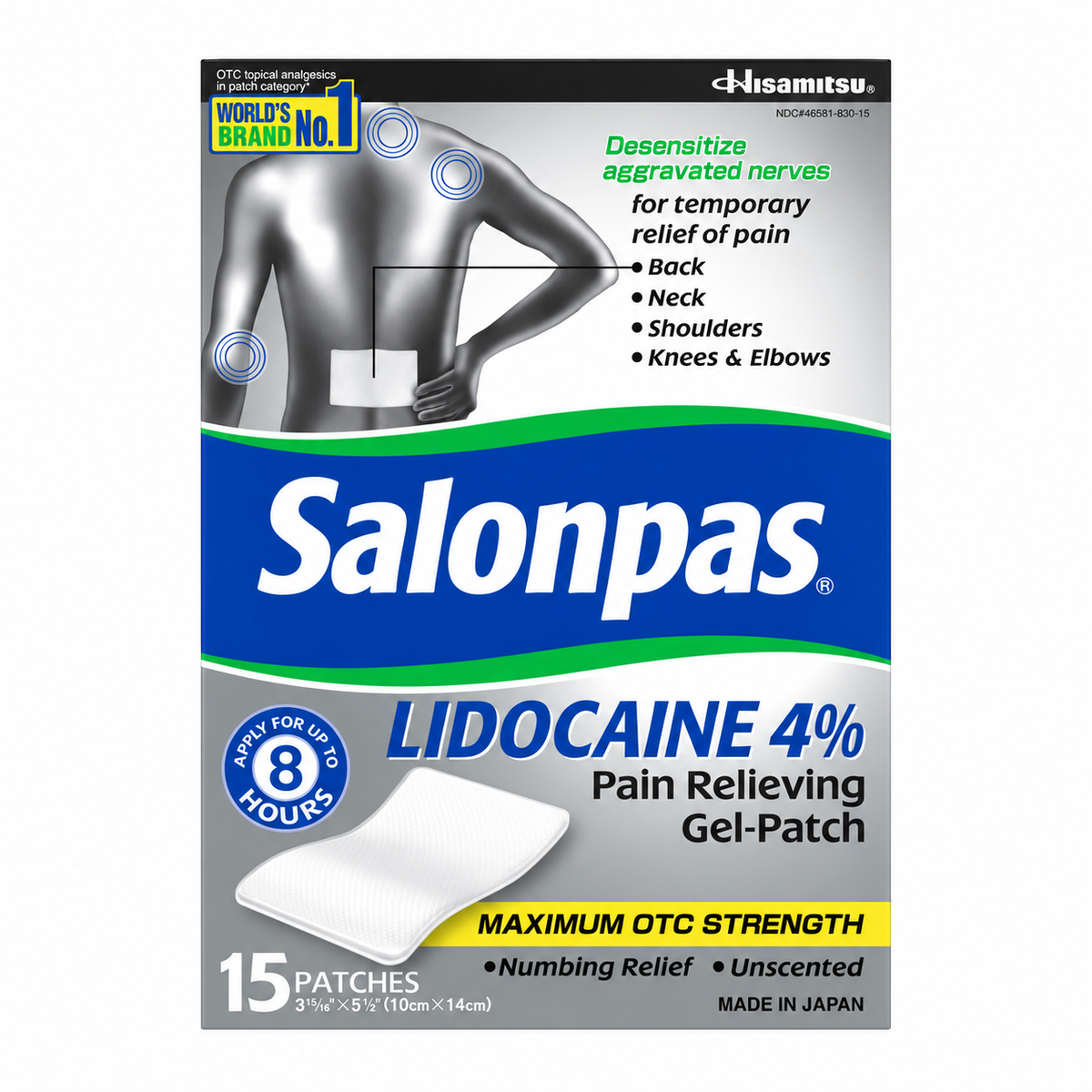 Salonpas Lidocaine 4% Pain Relieving Gel-Patch, 15 ct