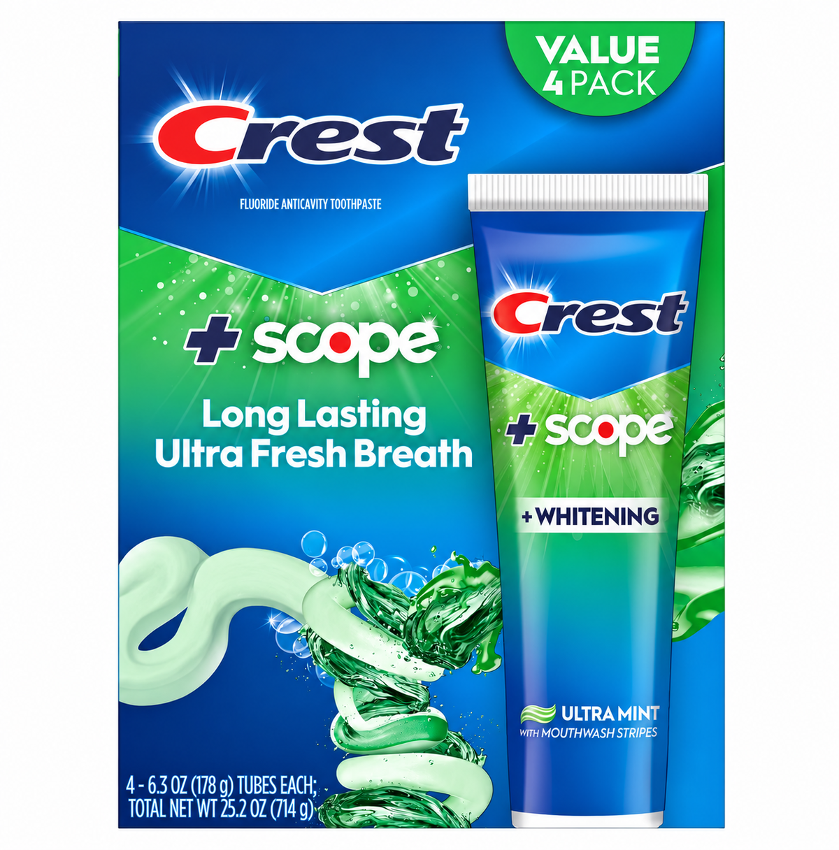 Crest Complete + Scope Outlast Ultra Toothpaste, Ultra Mint, 6.3 oz, 4-Pack